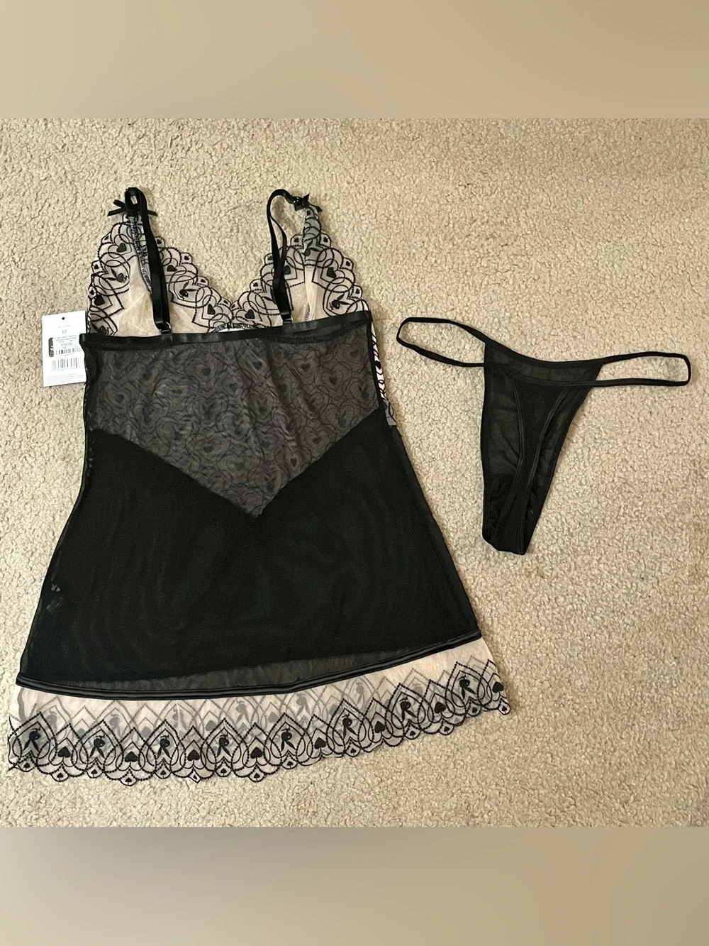 Playboy Bunny Heart Black Mesh Lingerie Teddy Panty Set Medium BNWT